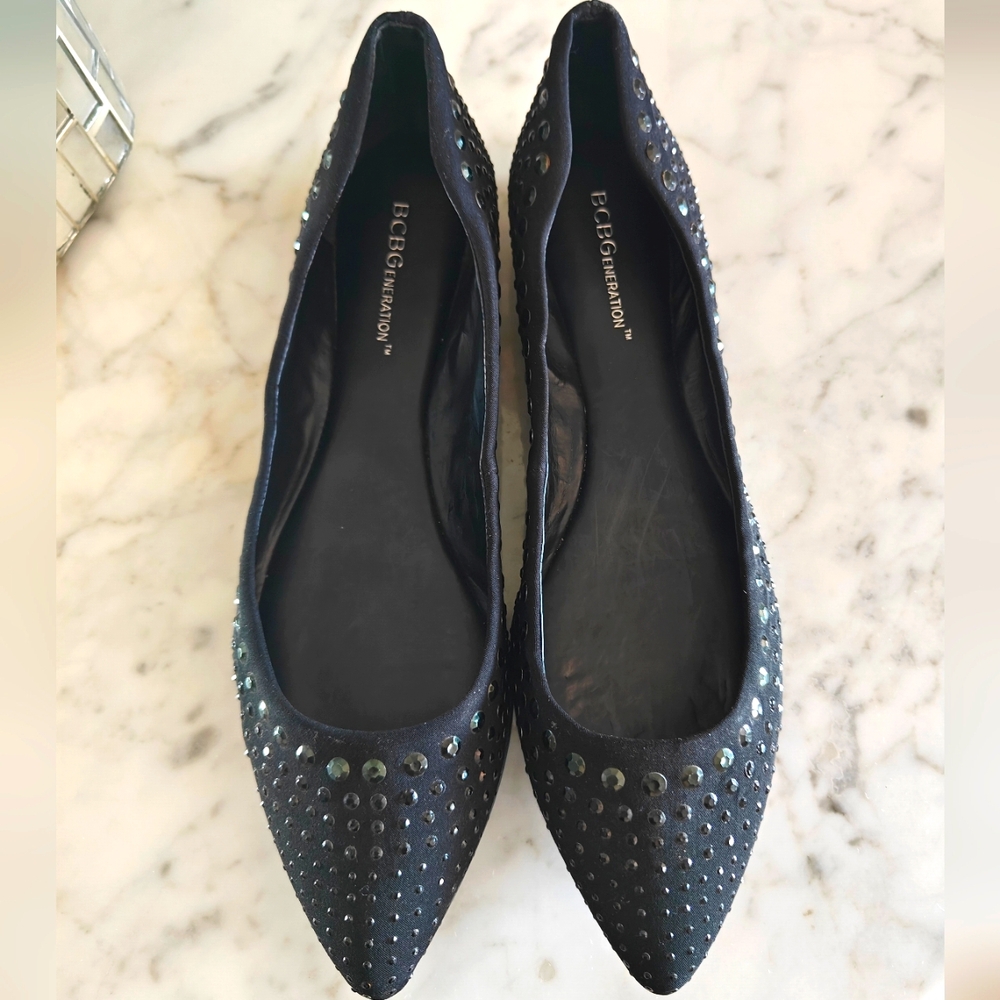 BCBGeneration Black on Black Sequin Studded Ballet Flats | Size 8M/38 - Picture 3 of 10